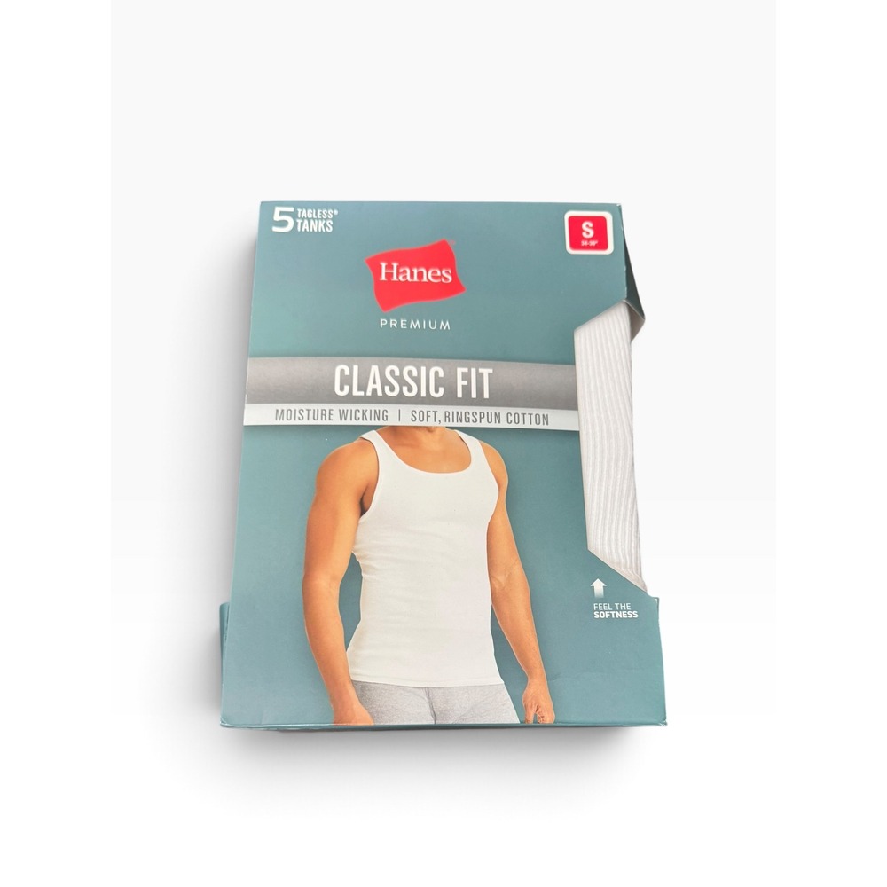 Hanes Premium Classic Fit Tagless Tanks 5-Pack White Cotton Undershirts Small S